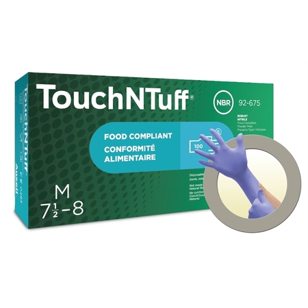 Ansell TouchNTuff 92-675, Nitrile Disposable Gloves, 4.3 mil Palm, Nitrile, Powder-Free, XL, 100 PK, Blue 565719